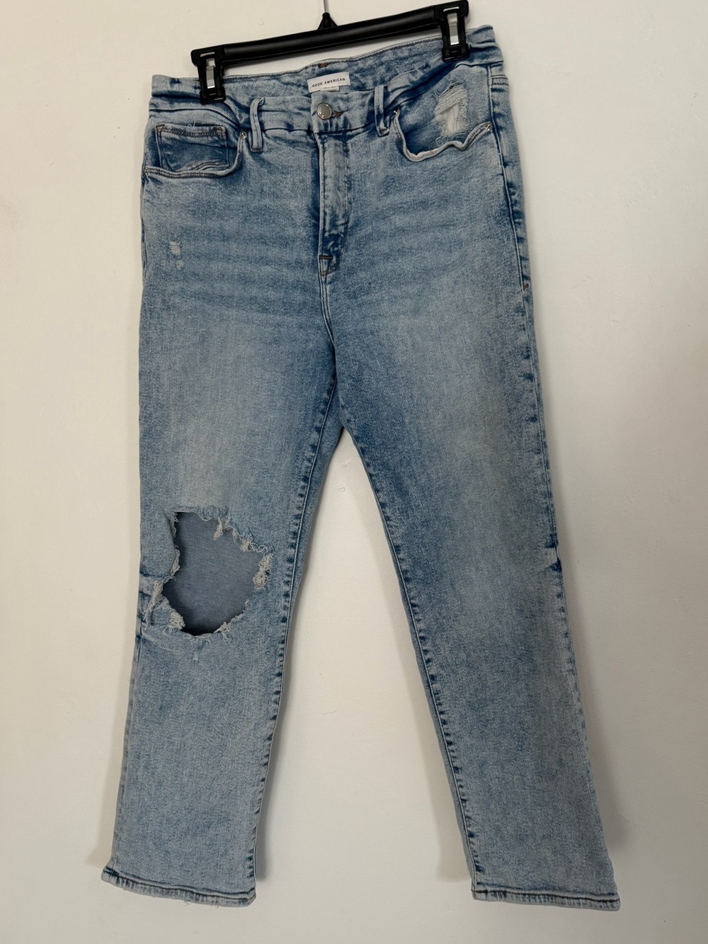 Good American Jeans Women’s 14/32 High Rise Straight Leg Distressed Ripped Light